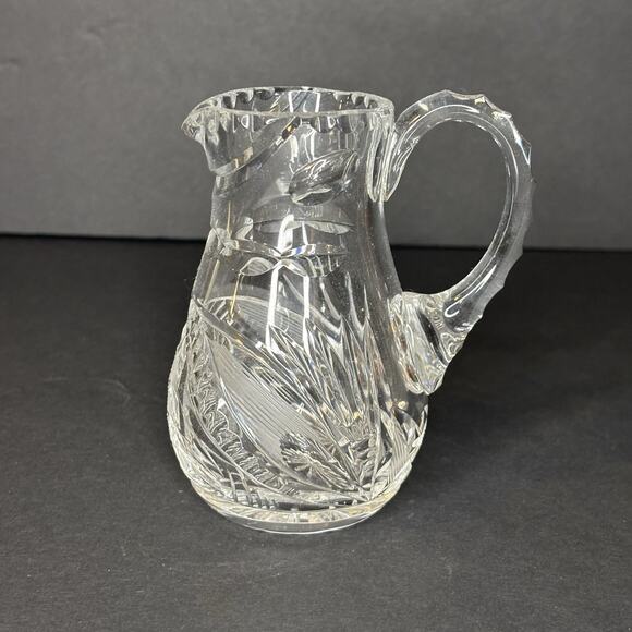 Vintage Leaded Crystal Creamer Mini Pitcher Cut Glass Leaves Fan 4.25" Quality - Picture 3 of 7